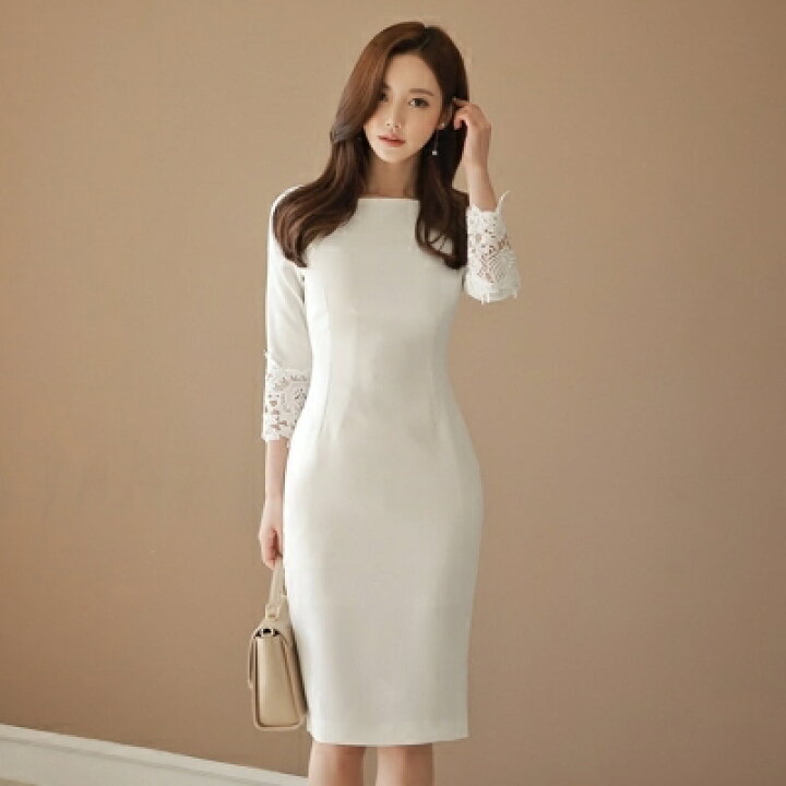 楽天市場】タイトワンピース 膝丈 ボートネック ワンピース ミディアム  