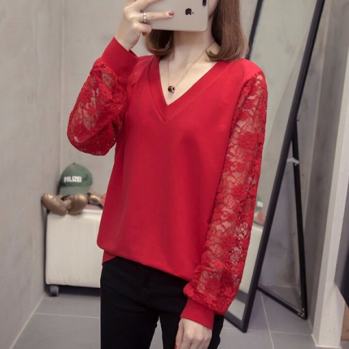 楽天市場 袖レース カットソー 長袖 レディース トップス 花柄 レース 大きいサイズ 3l 4l 5l 春 秋 白 黒 赤 袖切替 シースルー 上品 シンプル Vネック カジュアル おしゃれ きれいめ 肌見せ ｌｅａｐ