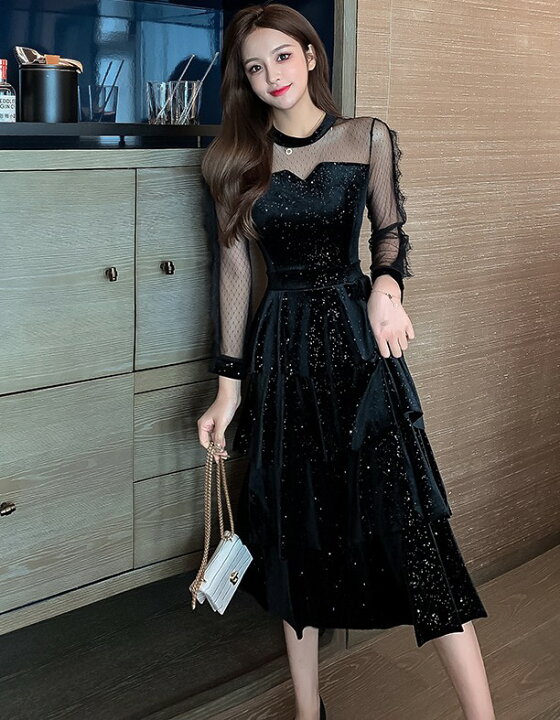 楽天市場 パーティードレス 袖あり 結婚式 お呼ばれ ドレス 黒 韓国 ティアードワンピース 長袖 ミモレ丈 Aライン 大きいサイズ 3l 代 30代 シースルー レース 肌見せ きれいめ シンプル 大人可愛い ｌｅａｐ