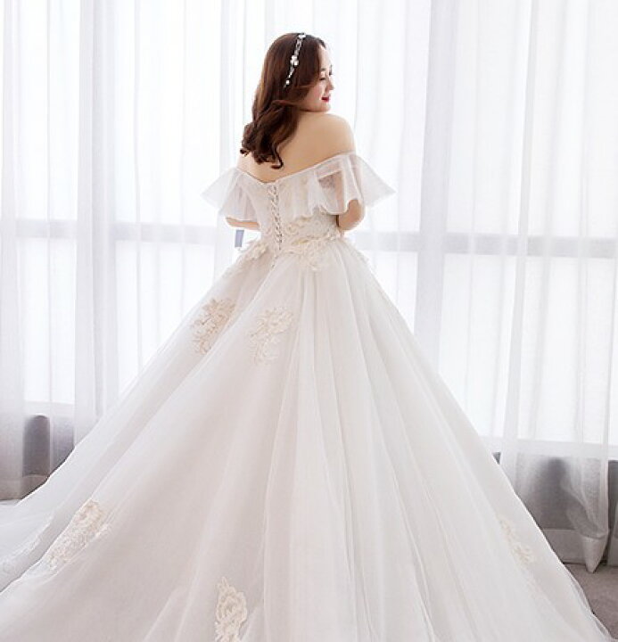 楽天市場 ウエディングドレス 大きいサイズ 3l 4l 5l 6l 7l 結婚式 花嫁 ドレス プリンセスライン 白 ロングドレス 袖あり オフショルダー Aライン フリル レースアップ 大人可愛い 上品 二次会 ｌｅａｐ