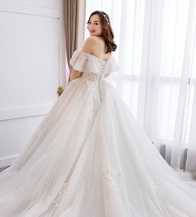 楽天市場 ウエディングドレス 大きいサイズ 3l 4l 5l 6l 7l 結婚式 花嫁 ドレス プリンセスライン 白 ロングドレス 袖あり オフショルダー Aライン フリル レースアップ 大人可愛い 上品 二次会 ｌｅａｐ