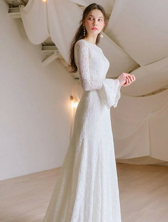 楽天市場】ウエディングドレス スレンダーライン 長袖 結婚式 二次会 
