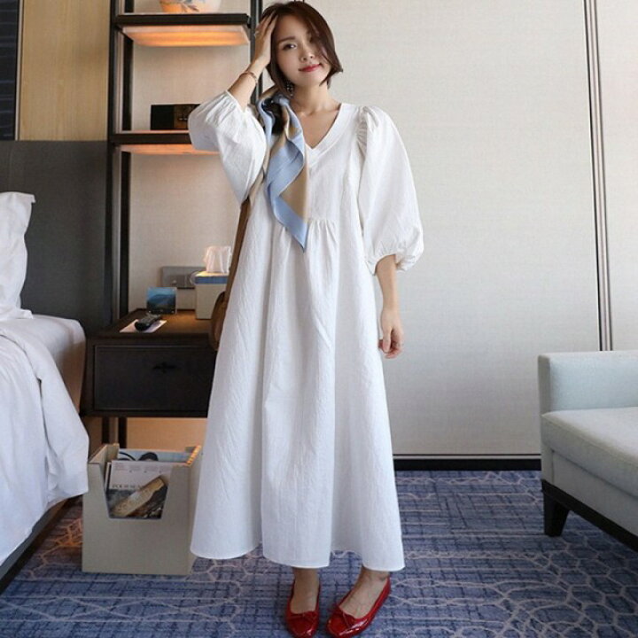 楽天市場 シャツワンピース ワンピース ロング マキシ丈 春 夏 半袖 白 Vネック 大きいサイズ ボリューム袖 五分袖 パフスリーブ バルーンスリーブ フレア 韓国 ファッション シンプル 無地 大人可愛い カジュアル おしゃれ ナチュラル 代 30代 40代 ｌｅａｐ