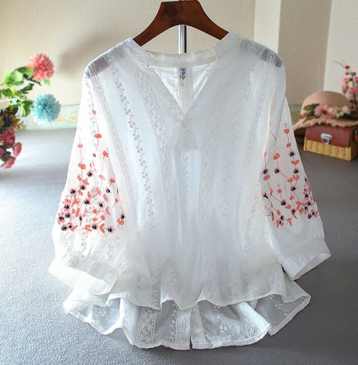 楽天市場】花柄 刺繍 ブラウス スキッパーシャツ シャツブラウス 