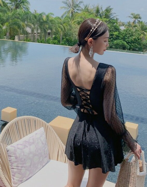 楽天市場 水着 ワンピース レディース 体型カバー ワンピース水着 袖あり 袖付き シースルー袖 レースアップ フリル 大きいサイズ 黒 露出控えめ おしゃれ セクシー 背中開き ドット柄 大人可愛い ビーチ リゾート 韓国 代 30代 40代 ｌｅａｐ