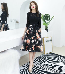 新入荷特価 黒 袖あり 花柄 膝丈 結婚式 大きいサイズ 切り替えワンピー 七分袖 ワンピースドレス フレア パーティードレス ドレス ウエストリボン ウエストマーク お呼ばれ Aiuqf Aライン 3l 公式 通販 Europub Co Uk