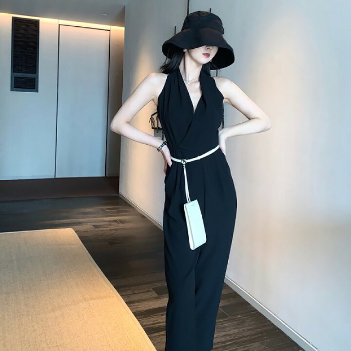 楽天市場 パーティードレス パンツ かっこいい パンツドレス 結婚式 お呼ばれ ドレス 韓国 黒 オールインワン ジャンプスーツ レディース ノースリーブ カシュクール パンツスタイル シンプル セクシー 代 30代 ｌｅａｐ