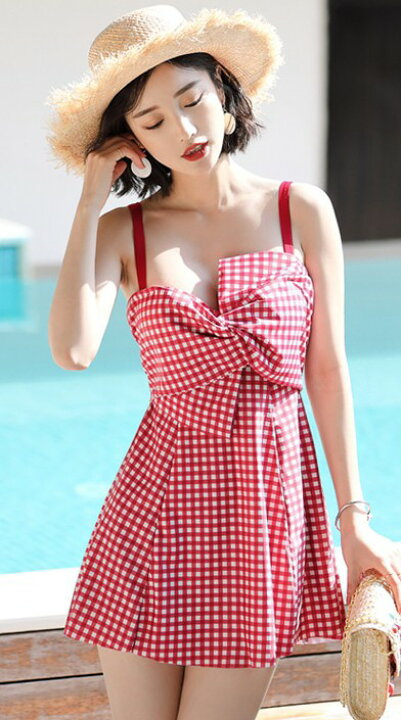 楽天市場 水着 レディース ワンピース 体型カバー ワンピース水着 ギンガムチェック リボン 大きいサイズ 露出控えめ ショートパンツ 黒 赤 大人可愛い 韓国 ビーチ リゾート 海 ママ水着 代 30代 ｌｅａｐ