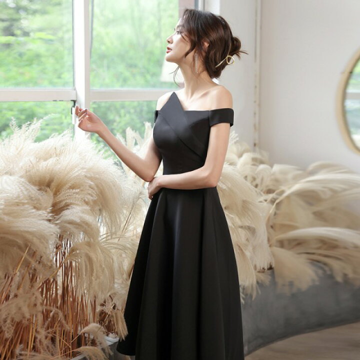 楽天市場 パーティードレス 結婚式 ワンピース フォーマル お呼ばれ ドレス 膝丈 黒 オフショルダー 大きいサイズ 3l 小さいサイズ Aライン アシンメトリー 二次会 演奏会 発表会 おしゃれ 上品 代 30代 40代 ｌｅａｐ