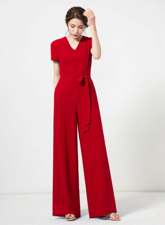 楽天市場 オールインワン レディース かっこいい パンツドレス パーティードレス 袖あり 結婚式 お呼ばれ ドレス パンツ 大きいサイズ 3l 4l 5l 黒 ジャンプスーツ ウエストリボン 半袖 通勤服 オフィス シンプル 代 30代 40代 ｌｅａｐ