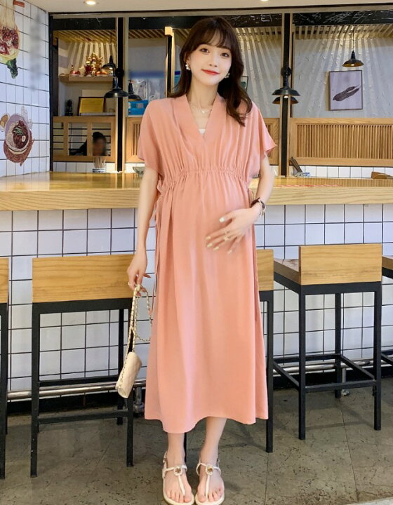 マタニティ ワンピース 半袖 ロングワンピース ドレス ロング 結婚式 お呼ばれ 大きいサイズ 3l Vネック リボン 妊婦服 フレンチスリーブ 体型カバー ゆったり 韓国 きれいめ カジュアル おしゃれ 大人可愛い 高い素材