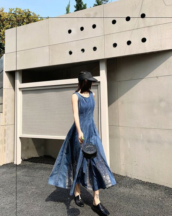 楽天市場 即納 デニム ロングワンピース 大きいサイズ デニム ワンピース 夏 フレアスカート マキシワンピース Aライン 刺繍 ロング丈 3l 4l レディース カジュアル ノースリーブ ｌｅａｐ