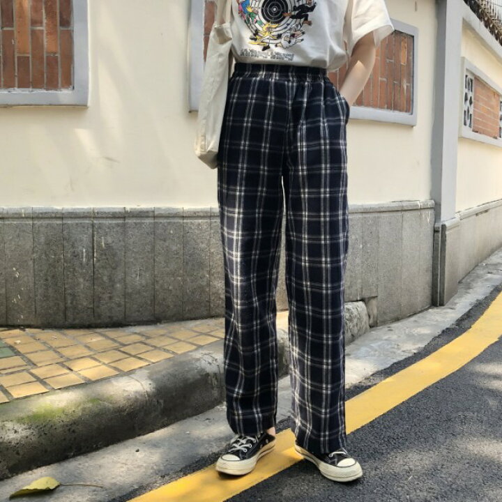 楽天市場 チェックパンツ レディース ワイドパンツ チェック 韓国 ファッション 原宿系 レディース パンツ ストレート ウエストゴム フリー 夏 春 秋 ボトムス ｌｅａｐ