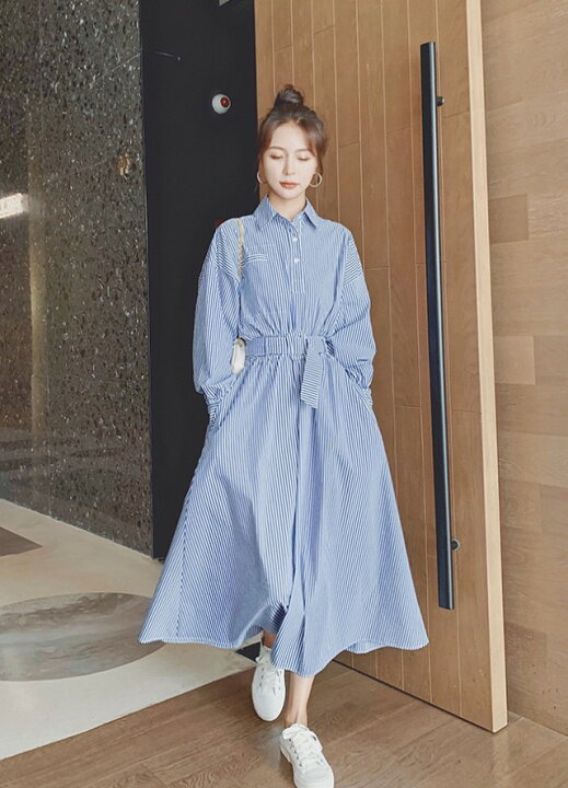青と白のストライプ 長袖シャツワンピース（青と白のストライプ 長袖  