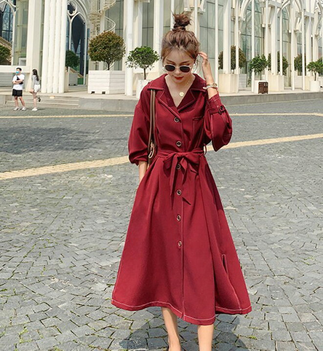 楽天市場 シャツワンピース 長袖 ロング レディース カジュアル 襟付き ワンピース 春 秋 ウエストマーク ウエストリボン バルーンスリーブワンピース バルーン袖 大きいサイズ 黒 赤 羽織り 通勤服 オフィス ｌｅａｐ