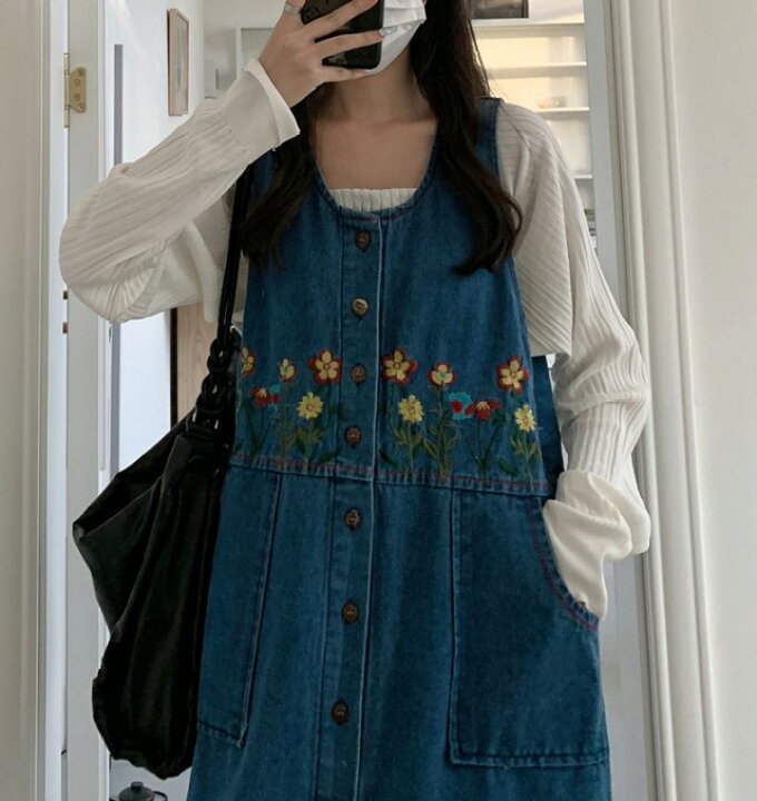 刺繍入りデニムジャンパースカート 70-110cm】 さくらんぼ刺繍 デニム  