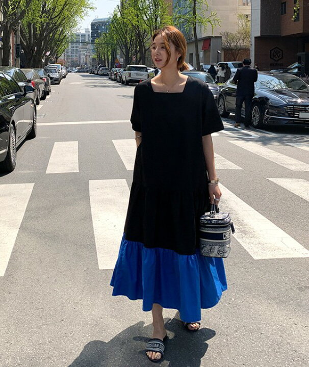 楽天市場 ティアードワンピース バイカラー 配色 切り替え ワンピース 半袖 ロング 夏 春 シンプル カジュアル レディース 大きいサイズ ゆったり フレア スクエアネック 五分袖 春夏 韓国 ファッション おしゃれ 代 30代 40代 ｌｅａｐ