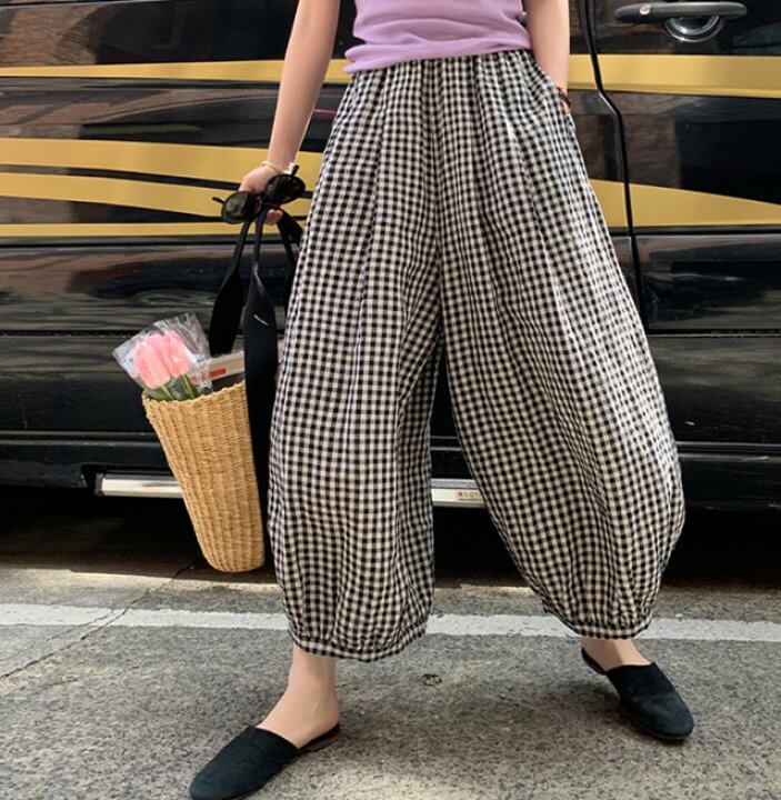 楽天市場 ギンガムチェック パンツ ワイドパンツ レディース ボトムス パンツ レディース 春夏 コクーンパンツ ゆったり 体型カバー ハイウエスト カジュアル 夏 春 リラックスパンツ チェックパンツ 韓国 ファッション 可愛い 大人可愛い おしゃれ バルーンパンツ