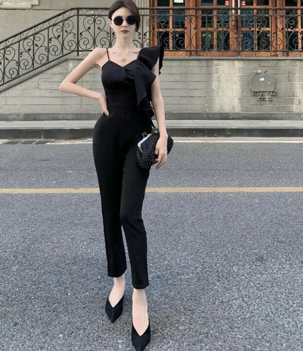 楽天市場 パーティードレス かっこいい パンツドレス 結婚式 お呼ばれ ドレス フリル アシンメトリー 黒 オールインワン 大きいサイズ 韓国 ジャンプスーツ レディース セクシー キャミドレス 個性的 モード系 おしゃれ 代 30代 40代 ｌｅａｐ