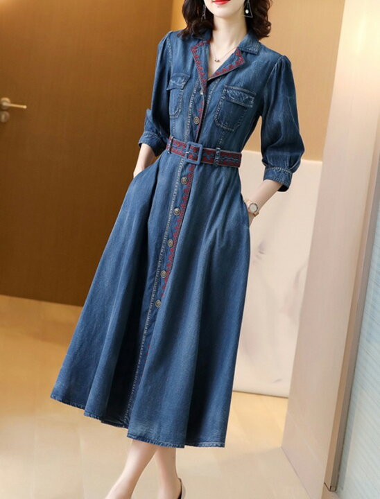 楽天市場】デニム ワンピース ロング 長袖 七分袖 襟付き Vネック A 