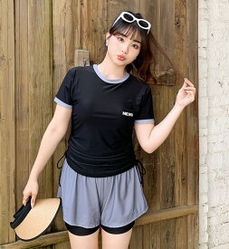 フィットネス 水着 レディース 体型カバー タンキニ 大きいサイズ 3L 4L 5L 6L セパレート ラッシュガード Tシャツ 半袖 ショートパンツ ハイウエスト 2点セット ロゴ 韓国 黒 ぽっちゃり 大人 女性 ママ ビーチ リゾート プール 20代 30代 40代