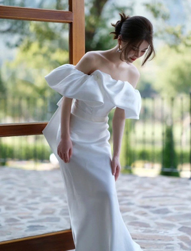 ウェディングドレス マーメイド オフショルダー 白 ロングドレス 袖