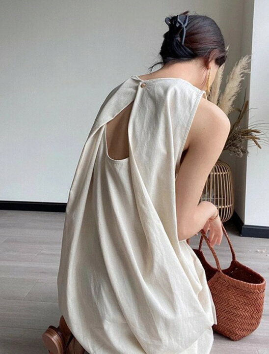 楽天市場】ノースリーブ ワンピース ロング リネン風 肩リボン ロング 