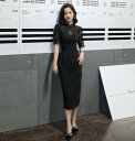 パーティードレス 結婚式 お呼ばれ タイト ワンピース ドレス レース 膝下丈 ミモレ丈 黒 大きいサイズ 3L 韓国 スタンドカラー 立ち襟 袖あり 半袖 シアー シースルー 40代 30代 20代