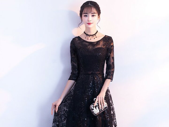 楽天市場 パーティードレス ロングドレス 袖あり 五分袖 総レース 黒 ブラック 大きいサイズ 小さいサイズ ウエストリボン 代 30代 40代 花柄 刺繍 透け感 フォーマル 結婚式 お呼ばれ 演奏会 3l 4l ｌｅａｐ