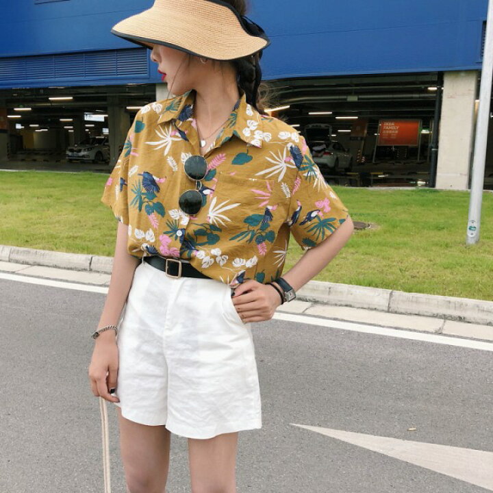 楽天市場 即納 アロハシャツ オープンカラー 開襟シャツ 植物 半袖 レディース トップス シャツ 体型カバー オシャレ カジュアル 襟付き 春 夏 代 ｌｅａｐ