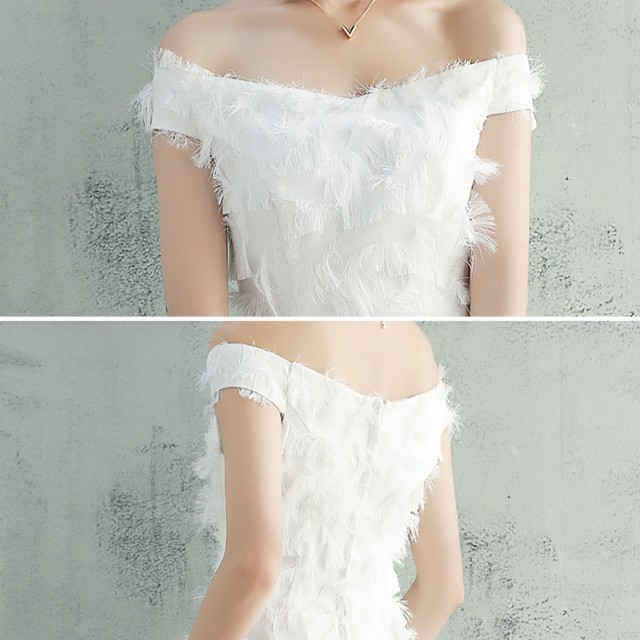 [即納] ウエディングドレス 大きいサイズ ウエディングドレス 白 二次会 スレンダーライン 花嫁 刺繍 レース フェザーモチーフ オフショルダー  小さいサイズ 3L シンプル | Ｌｅａｐ