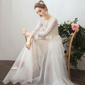 ウエディングドレス 大きいサイズ 3L ウエディングドレス 袖あり 長袖 ウエディングドレス 白 二次会 花嫁 ドレス 刺繍 レース ベールスカート 小さいサイズ