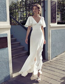 ウエディングドレス 大きいサイズ ウエディングドレス 白 二次会 花嫁 ウエディングドレス 袖あり フレアスリーブ リゾートウエディング スレンダーライン シンプル
