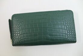 【まもなく終了10%クーポン】クロコダイル 財布 長財布 本革 メンズ 無双 グリーン 内側もクロコダイル 一枚革 センター取り ラウンドファスナー ゴールド金具 ヘンローン社製 ワニ本革