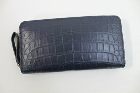【まもなく終了10%クーポン】【一枚革 センター取り】 クロコダイル 長財布 本物 ネイビー マット仕上げ ワニ本革 ヘンローン社製 ラウンドファスナー