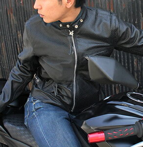 メッシュレザー 革ジャン シングルライダース レザージャケット ライダースジャケット バイカーズ アメカジ バイク ウェア カジュアル 水牛革 本革 本皮 皮ジャン 涼しい 春夏 ブラック 黒 L