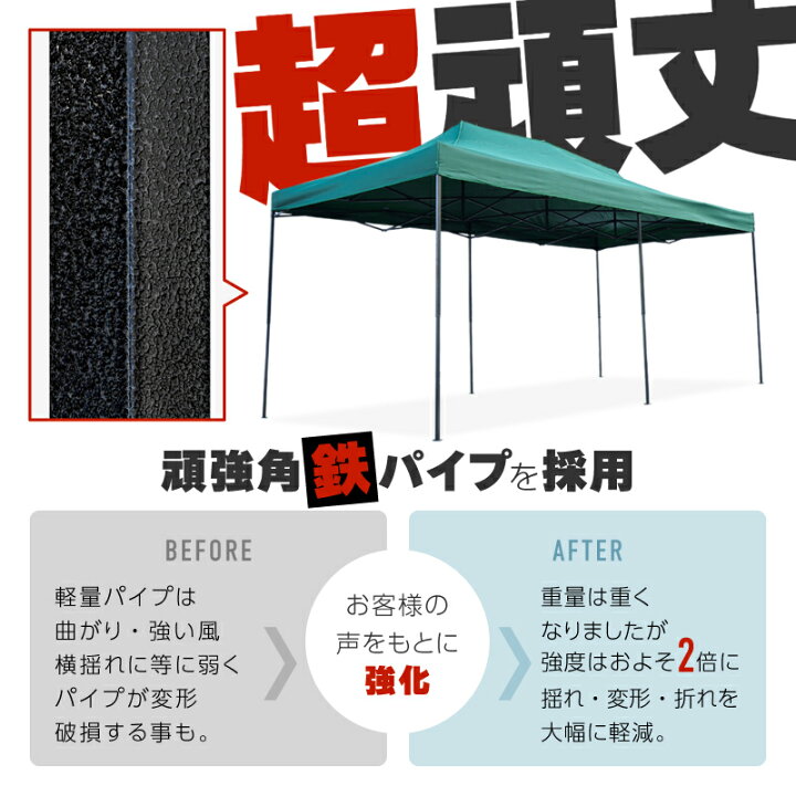 楽天市場】タープテント 3m×6m ワンタッチ 大型 頑丈 強化フレーム 6色 