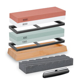 砥石 セット 包丁研ぎ石 両面砥石 包丁研ぎ砥石400 1000、3000 8000荒砥 中砥 仕上げ砥石 滑り止め竹砥石台 砥石面 直し 角度固定ホルダー付き砥石 包丁、サバイバルナイフ、日本刀はさみ斧 キャンプ、はさみの砥石 仕上げに最適