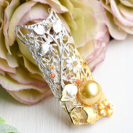 南洋真珠 ゴールド 白蝶真珠 の マルチカラーストーン フラワーデザイン ブローチペンダント　帯留にも！ 華やかなゴールドカラー！