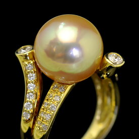 12mmゴールド白蝶真珠 ダイヤモンドK18YGリング 12号　超てり特級の美しきナチュラルゴールド南洋！ サイズ変更可