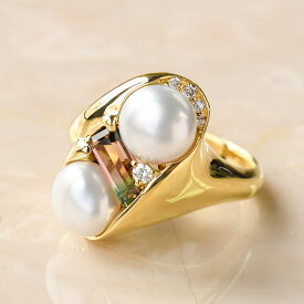 白蝶真珠 バイカラートルマリン K18YG ダイヤモンド リング　天然石と南洋真珠の贅沢な組み合わせ！ 12号 NA11
