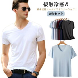 インナー 肌着 接触冷感 シームレス 吸湿 インナーシャツ シャツ Tシャツ 半袖 Vネック 吸水速乾 2枚セット シンプル ひんやり Tシャツ 通気性 メンズ ストレッチ さらさら さらさら 無地 大きいサイズ カジュアル 男性 紳士 涼しい 夏 薄手 白 黒
