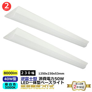 2�{�Z�b�g LED �x�[�X���C�g �t�x�m�` �����P�x 2���� 40W�^ �{�̕�230mm ��̌^�x�[�X���C�g 8000lm �����F 5000K ����d��50W �����p�x180° �d��100-265VAC SMD2835 1250x230x53mm �{�̃X�`�[��+�|���J�[�{�l