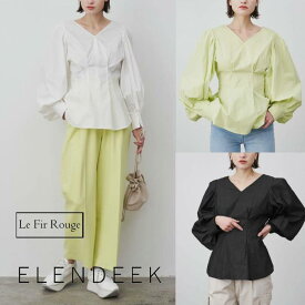 [16940円→10164円] ELENDEEK エレンディーク WAIST CONSCIOUS BL トップス ブラウス 長袖 レディース カットソー 黒ブラック 白ホワイト イエロー黄色 春スプリング エレガント 上品 シンプル 高級感 シャツ ぺプラム Vネック 抜け感 ボリューム袖 可愛い 通勤