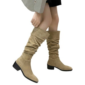 ルーズブーツ レディース ロングブーツ スクエアトゥ チャンキーヒール 4.5cm ブーツ 美脚 森ガール ジョッキーブーツ 靴 ふくらはぎカバー ロンブー レトロ シューズ ミドルヒール 脚長 スク