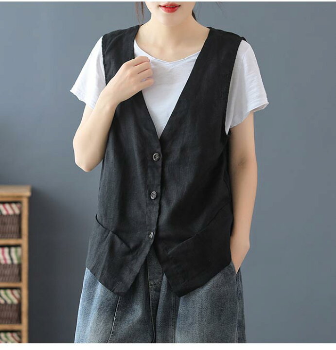 楽天市場】リネンベスト レディース 夏 ベスト 薄手 前開き ジレ 麻  