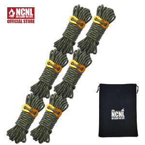 NCNL(NO CAMP NO LIFE) パラコード テントロープ タープロープ ガイロープ 反射材入り 耐荷重 430kg 太さ 5mm 長さ 4m ソロキャンプ キャンプ用品 自在金具 収納袋付き (オリーブ 6本セット)