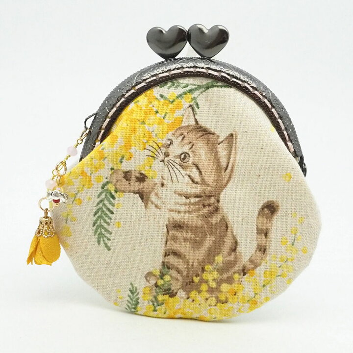 楽天市場】【ハンドメイド1点もの】「ミモザと猫」がま口ポーチ 