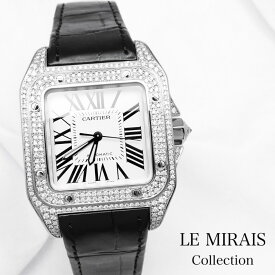 【仕上済】カルティエ サントス100 MM ダイヤ SS メンズ 腕時計【中古】【送料無料】CARTIER 時計