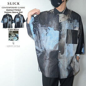 SLICK （ スリック ） オーバーサイズ プリント シャツ - （ アブストラクト プリント ドルマンスリーブ シャツ ） ブラック